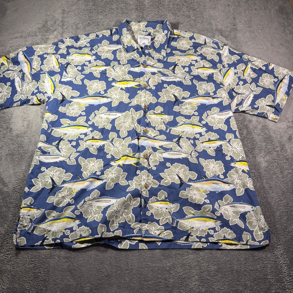Guy Harvey x AFTCO Mens XL Blue Yellowfin Tuna Hibiscus Floral Button Down Shirt